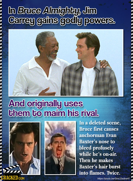 In Bruce AImighty, JIM Carrey gains godly powers. And originally uses them to maim his rival. In a deleted scene, Bruce first causes anchorman Evan Ba