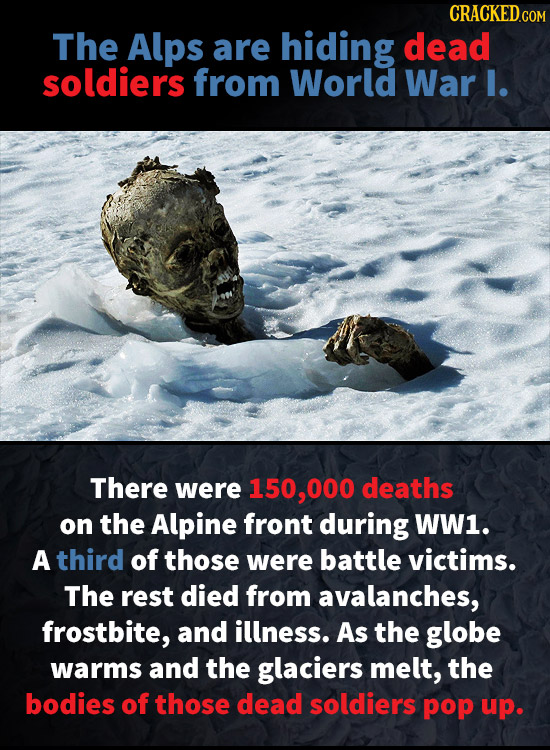 CRACKEDc The Alps are hiding dead soldiers from World War l. There were 150, 000 deaths on the Alpine front during WW1. A third of those were battle v