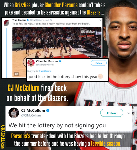 When Grizzlies player Chandler Parsons couldn't take a joke and decided to be sarcastic against the Blazers... Trail Blazers @trailblazers- Jan 27 To