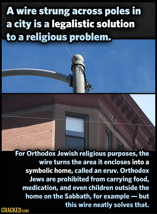 A wire strung across poles in a city is a legalistic solution to a religious problem. For Orthodox Jewish religious purposes, the wire turns the area