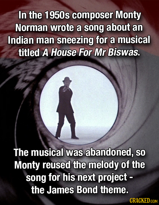 In the 1950s composer Monty Norman wrote a song about an Indian man sneezing for a musical titled A House For Mr Biswas. The musical was abandoned, SO