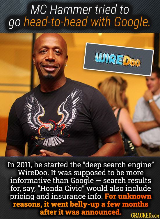 MC Hammer tried to go head-to-head with Google. WIREDOO In 2011, he started the deep search engine Wiredoo. It was supposed to be more informative t
