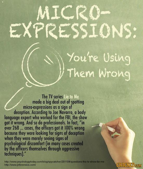 MICRO EXPRESSIONS: You're Using Them Wrong The TV series Lie to Me made big deal out of 0 spotting micro-expressions as g sign of deception. According