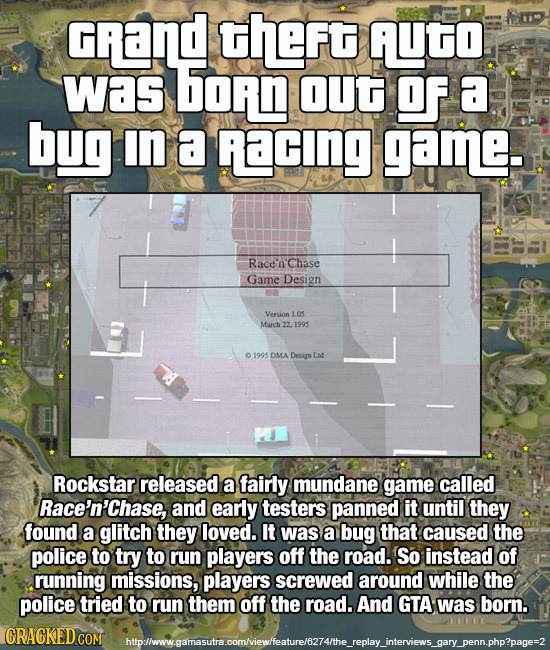 Gand theFt AUTO Was hoN OUt Of a bug IN a RacING game. Race'n'chase Game Design Version 1.05 March 22 1995 01995 DMA Desig Let Rockstar released a fai