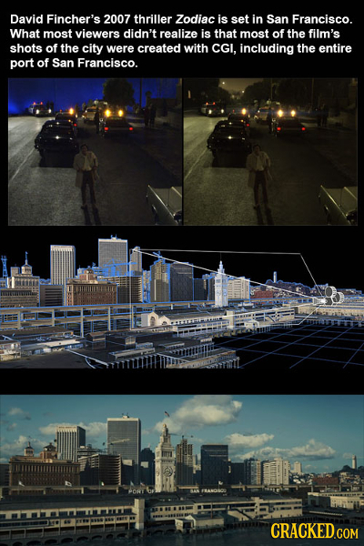 David Fincher's 2007 thriller Zodiac is set in San Francisco. What most viewers didn't realize is that most of the film's shots of the city were creat