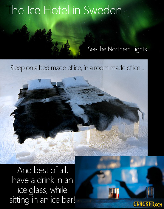 The lce Hotel in Sweden See the Northern Lights.... Sleep on a bed made of ice, in a room made of ice... And best of all, have drink a in an ice glass
