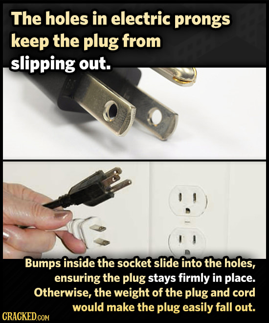 The holes in electric prongs keep the plug from slipping out. Bumps inside the socket slide into the holes, ensuring the plug stays firmly in place. O