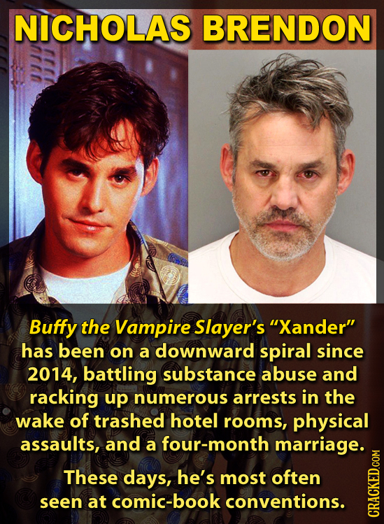 NICHOLAS BRENDON Buffy the Vampire Slayer's Xander has been on a downward spiral since 2014, battling substance abuse and racking up numerous arrest
