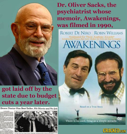 Dr. Oliver Sacks, the psychiatrist whose memoir, Awakenings, was filmed in 1990, ROBERT DE NIRO ROBIN WILLIAMS Nominated for Three Aicademey AWards me