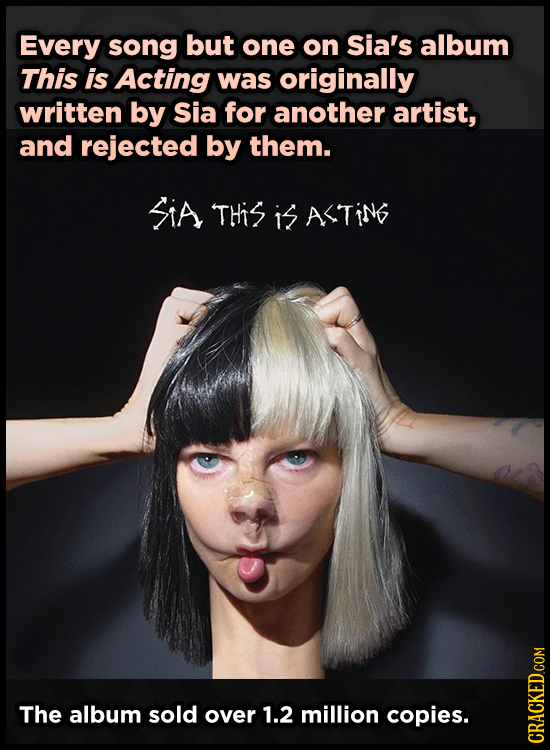 Every song but one on Sia's album This is Acting was originally written by Sia for another artist, and rejected by them. SiA THiS i3 A<TiNG The album 