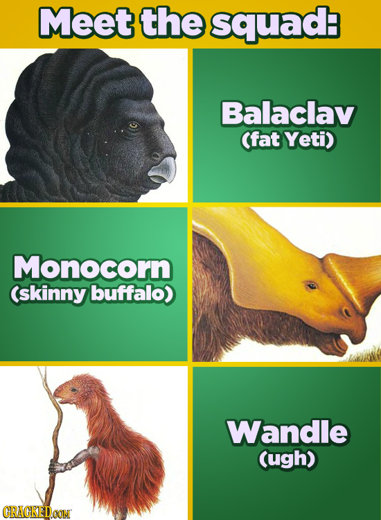 Meet the squad Balaclav (fat Yeti) Monocorn (skinny buffalo) Wandle Cugh) CRACKEDCON