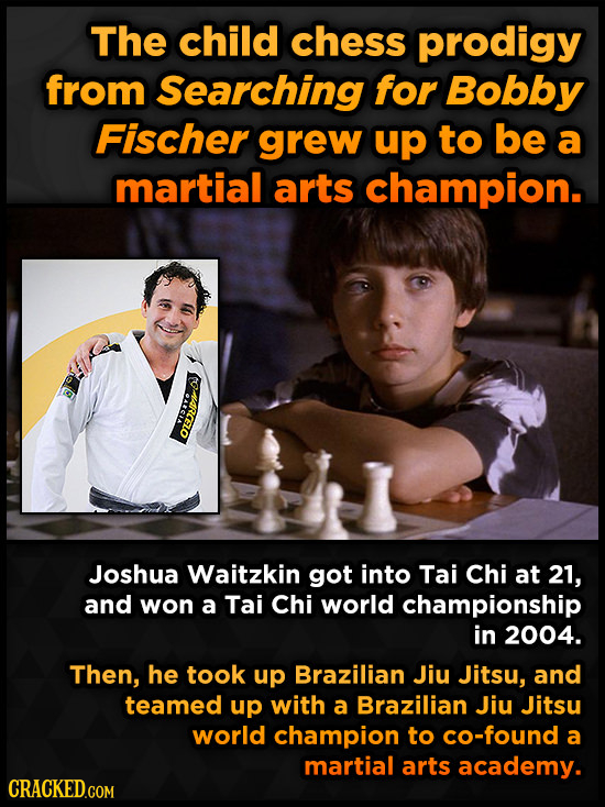 The child chess prodigy from Searching for Bobby Fischer grew up to be a martial arts champion. a Joshua Waitzkin got into Tai Chi at 21, and won a Ta