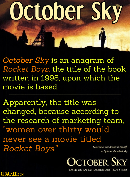 October Sky October Sky is an anagram of Rocket Boys, the title of the book written in 1998, upon which the movie is based. Apparently, the title was