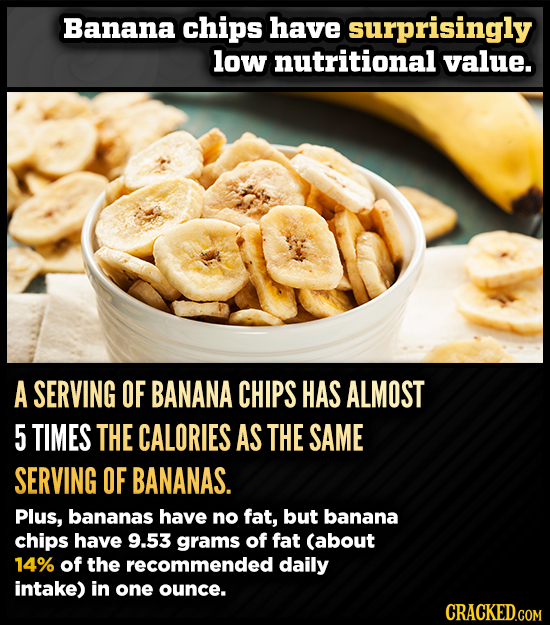 Banana chips have surprisingly low nutritional value. A SERVING OF BANANA CHIPS HAS ALMOST 5 TIMES THE CALORIES AS THE SAME SERVING OF BANANAS. Plus, 
