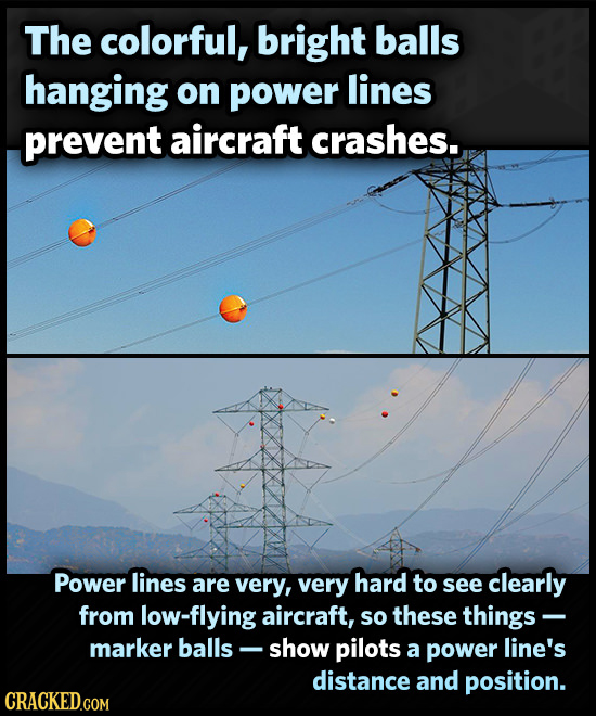 The colorful, bright balls hanging on power lines prevent aircraft crashes. Power lines are very, very hard to see clearly from flying aircraft, so th