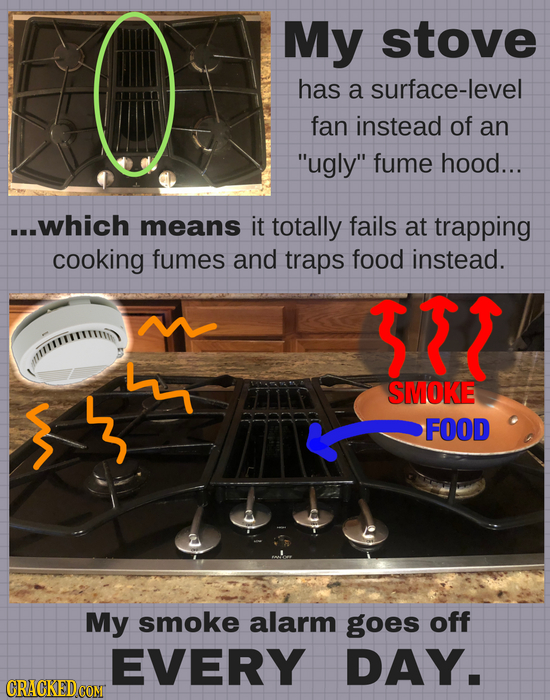 My stove has a surface-level fan instead of an ugly fume hood... ...which means it totally fails at trapping cooking fumes and traps food instead. 3