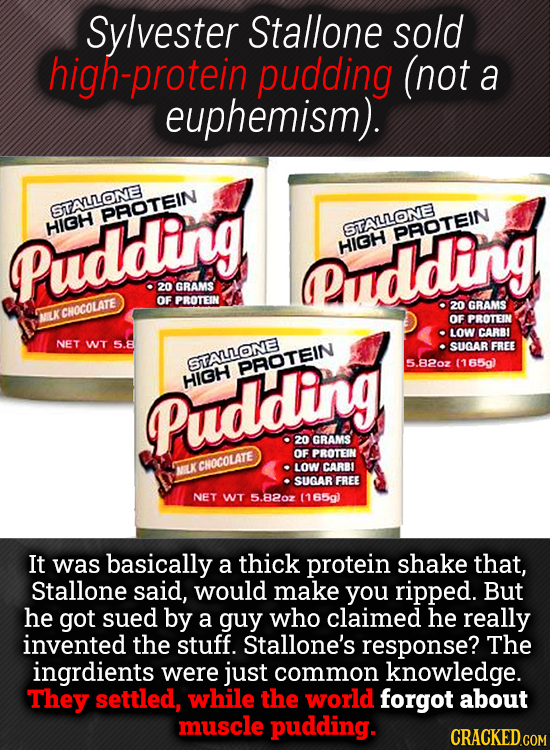 Sylvester Stallone sold high-protein pudding (not a euphemism). STALLONB PROTEIN HIGH STTALLONE Pudding PROTEIN ndding HIGH 20 GRAMS OF PROTEIN 20 GRA