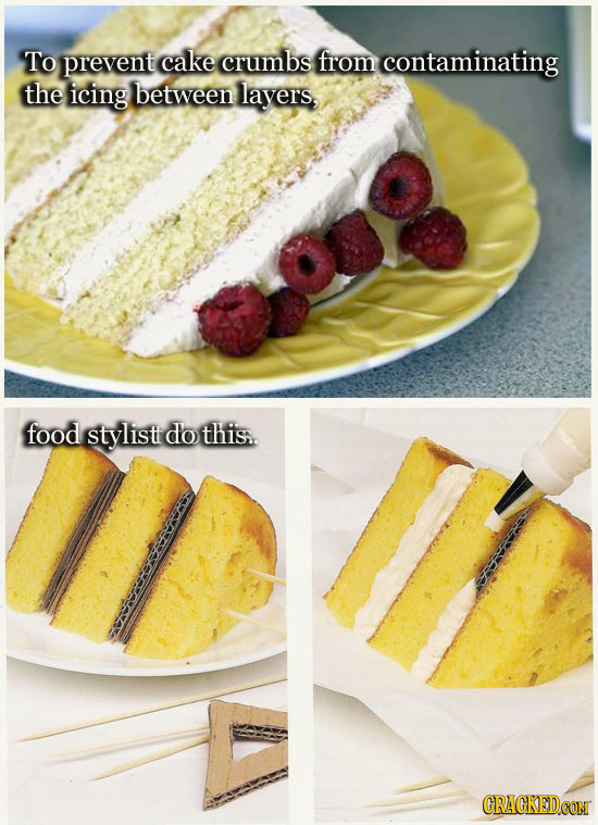 To prevent cake crumbs from contaminating the icing between layers, food stylisti do this..