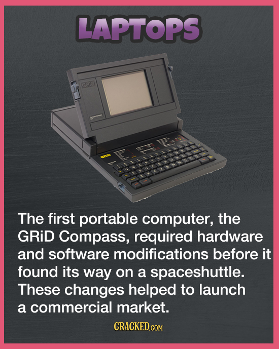 LAPTOPS CRID linsh The first portable computer, the GRiD Compass, required hardware and software modifications before it found its way on a spaceshutt