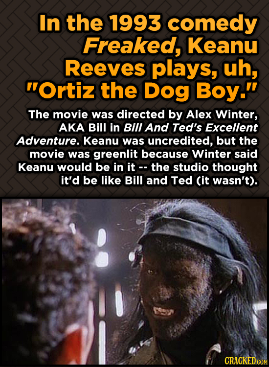 In the 1993 comedy Freaked, Keanu Reeves plays, uh, Ortiz the Dog Boy. The movie was directed by Alex Winter, AKA Bill in Bill And Ted's Excellent A