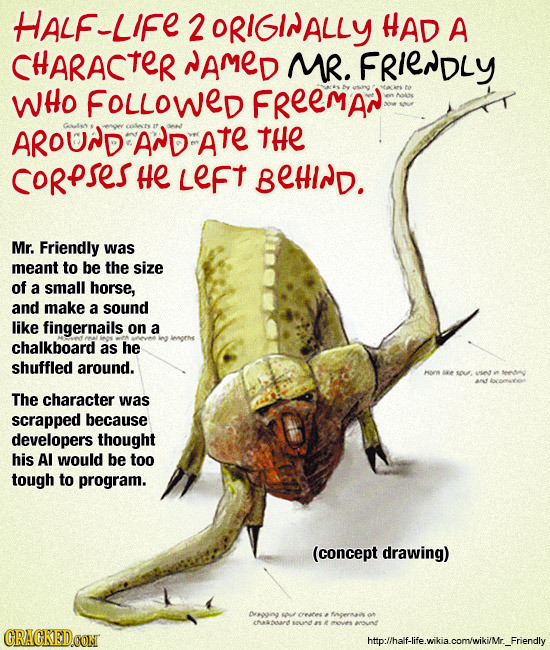 HALF-LIFE 2 2ORIGINALLY HAD A CHARACTER AMED MR. FRIENDLY WHO FOLLOWED FReEMAN Noaiss AROUND AND ate THE CORPSESH He Left BEHIND. Mr. Friendly was mea
