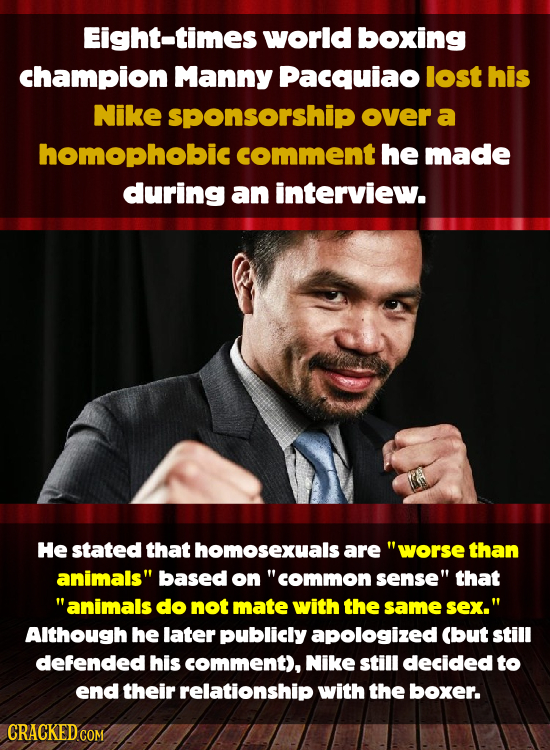 Eight-times world boxing champion Manny pacquiao lost his Nike spONsorship over a homophobic comment he made during an interview. He stated that thomo