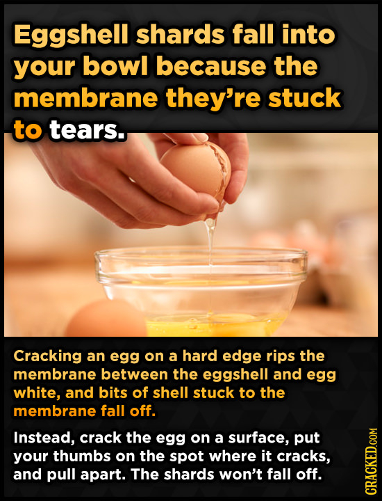 Eggshell shards fall into your bowl because the membrane they're stuck to tears. Cracking an egg on a hard edge rips the membrane between the eggshell