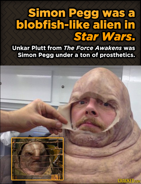 Simon Pegg was a blobfish-like alien in Star Wars. Unkar Plutt from The Force Awakens was Simon Pegg under a ton of prosthetics.