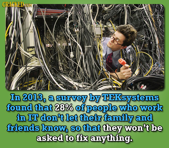 CRACKEDCON In 2013, a survey by TEKsystems found that 28% of people who work in IT don't let their family and friends know, SO that they won't be aske