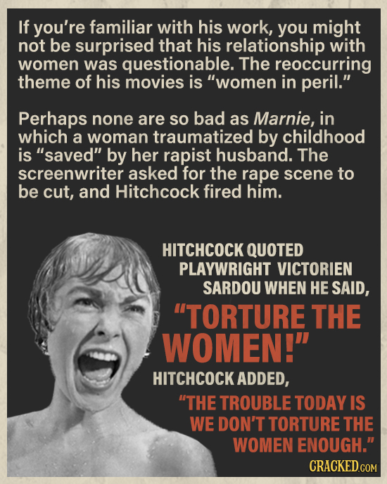 If you're familiar with his work, you might not be surprised that his relationship with women was questionable. The reoccurring theme of his movies is
