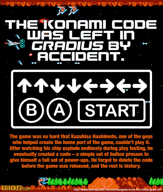 THE onam CODE LAS LEFT in GRADIUS BY ACCIDEnT. 1> BA B A START The game was SO hard that Kazuhisa Hashimoto, one of the guys who helped create the hom