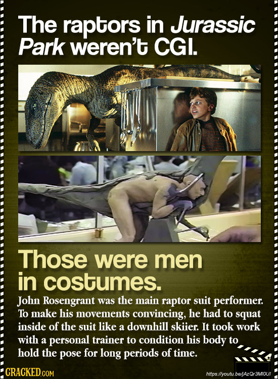 The raptors in Jurassic Park weren't CGI. Those were men in costumes. John Rosengrant was the main raptor Suit performer. To make his movements convin