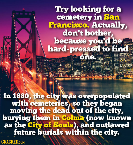 Try looking for a cemetery in San Francisco. Actually, don't bother, because you'd be hard-pressed to find one: In 1880, the city was overpopulated wi