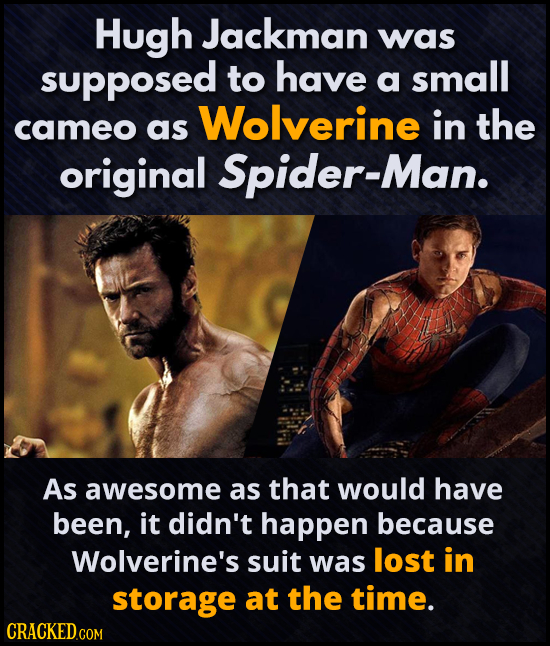 Hugh Jackman was supposed to have a small Wolverine cameo in the as original Spider-Man. As awesome as that would have been, it didn't happen because 
