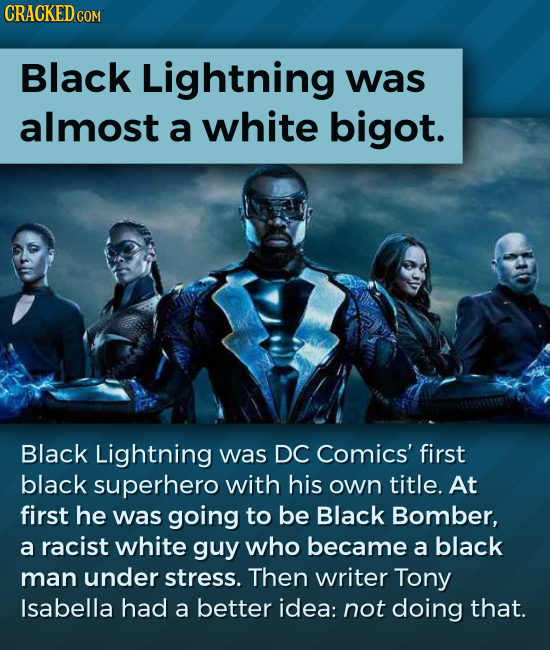 Black Lightning was almost a white bigot. Black Lightning was DC Comics' first black superhero with his own title. At first he was going to be Black B