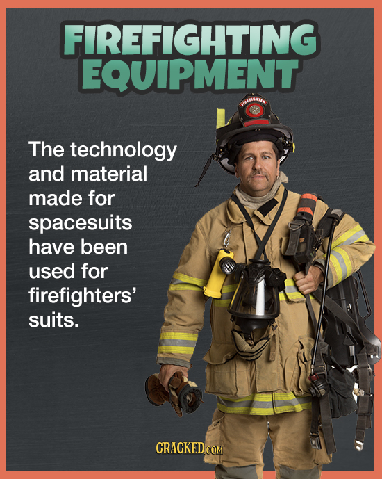 FIREFIGHTING EQUIPMENT SUIUGNTI The technology and material made for spacesuits have been used for firefighters' suits. CRACKED COM