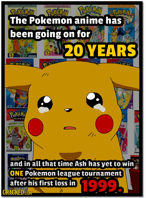 Pokemov poeMoy poKeMoy The Pokemon anime has been going on for 20YEARS Pokeo GAIMING GROU JUGM and in all that time ASh has yet to win ONE Pokemon league tournament after his first loss in 1999. ORACKED COM