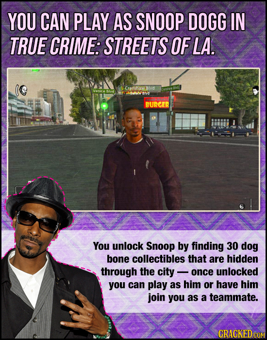 YOU CAN PLAY AS SNOOP DOGG IN TRUE CRIME: STREETS OF LA. Ctershawe BIvd Blvd 10002 BN BURGER You unlock Snoop by finding 30 dog bone collectibles that