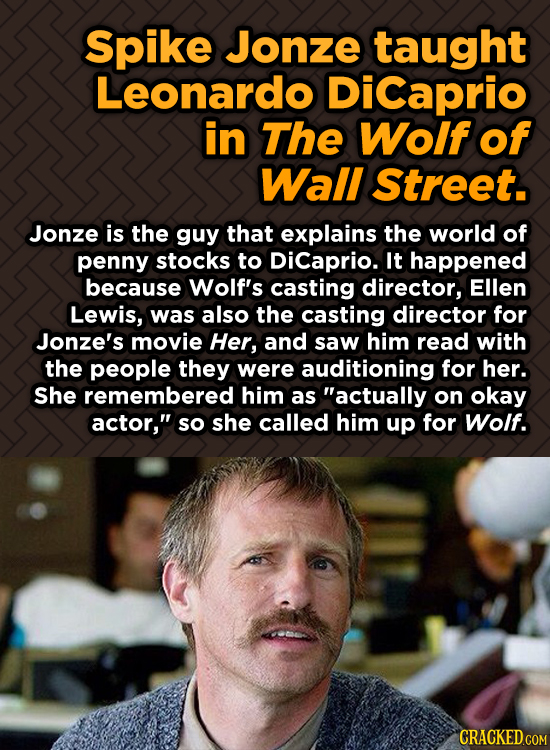 Spike Jonze taught Leonardo DiCaprio in The Wolf of Wall Street. Jonze is the guy that explains the world of penny stocks to Dicaprio. It happened bec