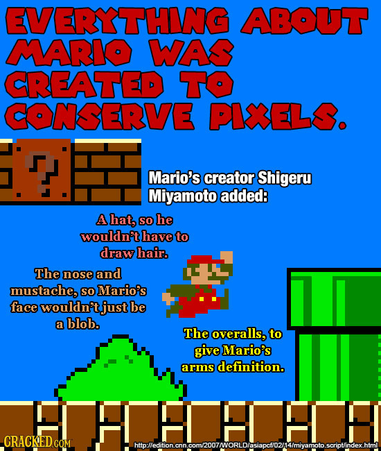 EVERYTHING ABOUT MARIO WAS CREATED TO CONSERVE PINELS. Mario's creator Shigeru Miyamoto added: A hat, SO he wouldn't have to draw hair. The nose and m