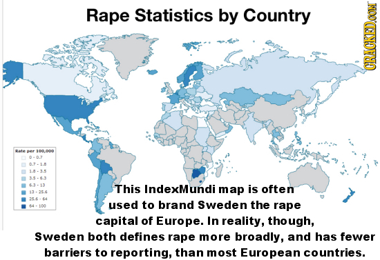 Rape Statistics by Country CRACKEDON Bate per S00.00D 0.07 07.1 1.0-3.5 35-6.3 6.3-13 This IndexMundi map is often 3.366 25.6-6 used to brand Sweden t
