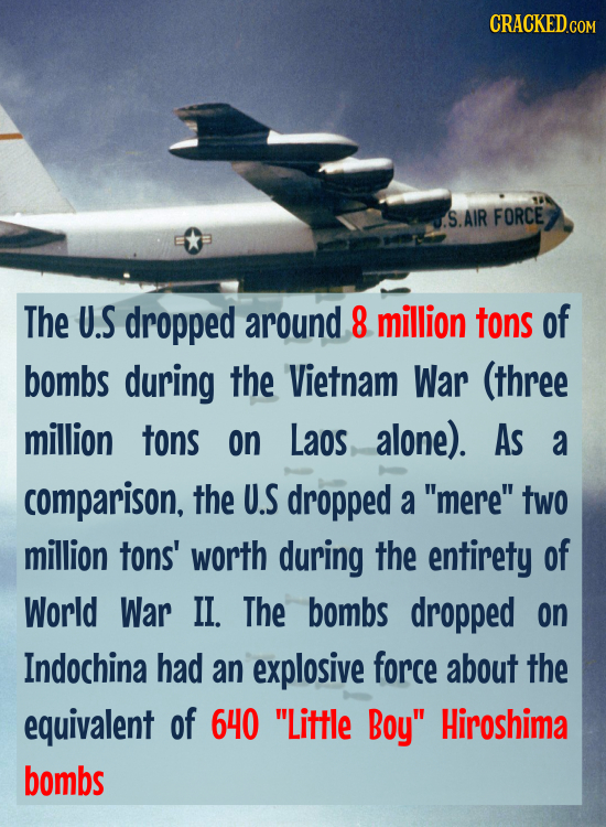 J.S.AIR FORCE The U.S dropped around 8 million tons of bombs during the Vietnam War (three million tons on Laos alone). As a comparison, the U.S dropp
