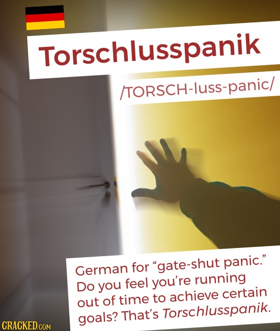 Torschlusspanik /TORSCH-lusS-panic/ German for gate-shut panic. feel you're running Do you certain out of time to achieve goals? That's Torschlusspa