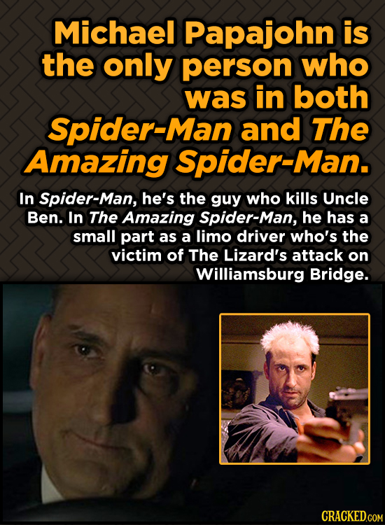 Michael Papajohn is the only person who was in both Spider-Man and The Amazing Spider-Man. In Spider-Man, he's the guy who kills Uncle Ben. In The Ama