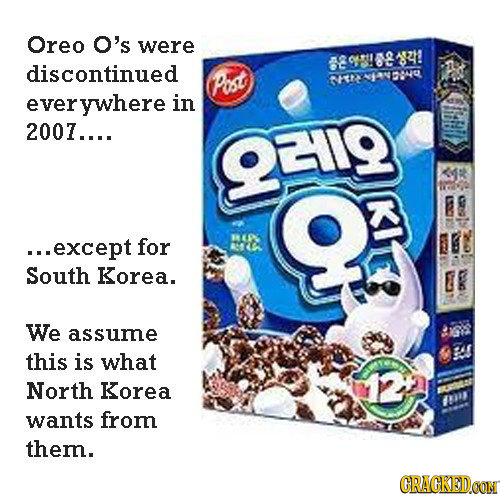 Oreo O's were 789916832! discontinued Post 33-E9 ever ywhere in 2007.... 23119 A E except for EP South Korea. We assume this is what North Korea P wan