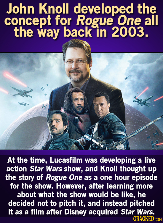 John Knoll developed the concept for Rogue One all the way back in 2003. At the time, Lucasfilm was developing a live action Star Wars show, and Knoll