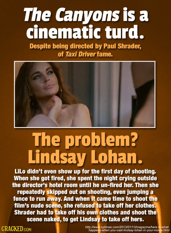 The Canyons is a cinematic turd. Despite being directed by Paul Shrader, of Taxi Driver fame. The problem? Lindsay Lohan. LiLo didn't even show up for