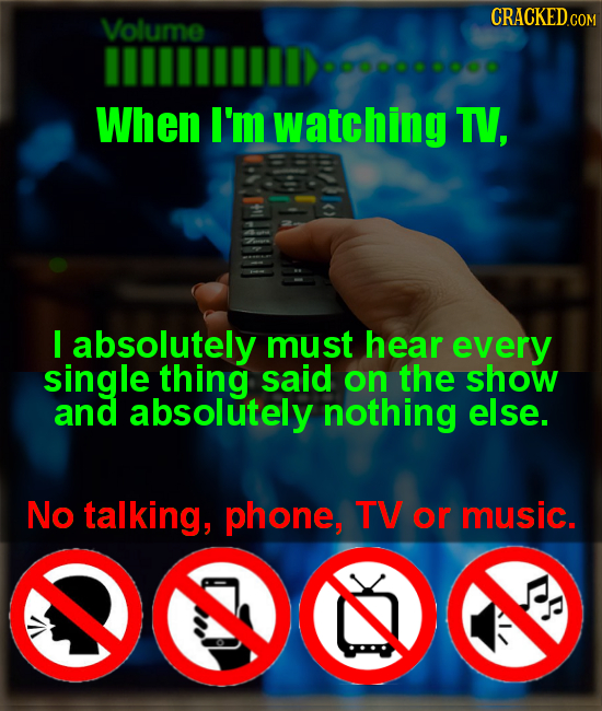 Volume IDo When I'm watching TV, I absolutely must hear every single thing said on the show and absolutely nothing else. No talking, phone, TV or musi