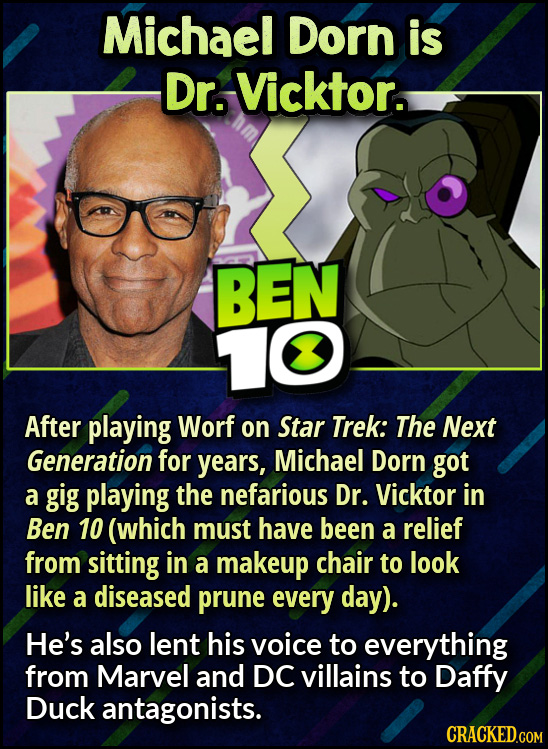 Michael Dorn is Dr. Vicktor. BEN 10 After playing Worf on Star Trek: The Next Generation for years, Michael Dorn got a gig playing the nefarious Dr. V