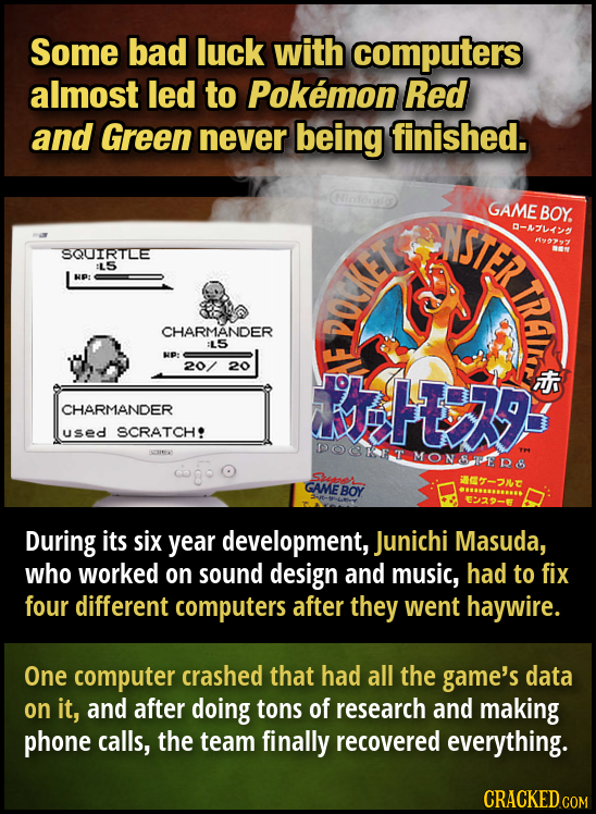 Some bad luck with computers almost led to Pokemon Red and Green never being finished. ASITR GAME BOY. -AFKY 19997 SQUIRTLE :L5 NP: TTET CHARMANDER :L